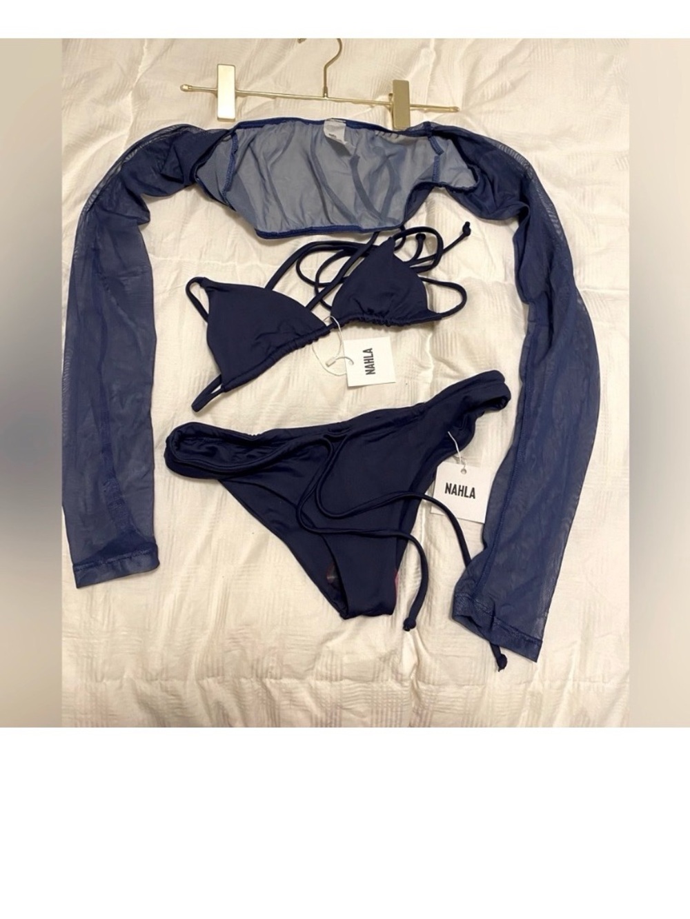 💙🤍 NAHLA Navy Triangle Bikini Set with Sheer Long Sleeve Cover